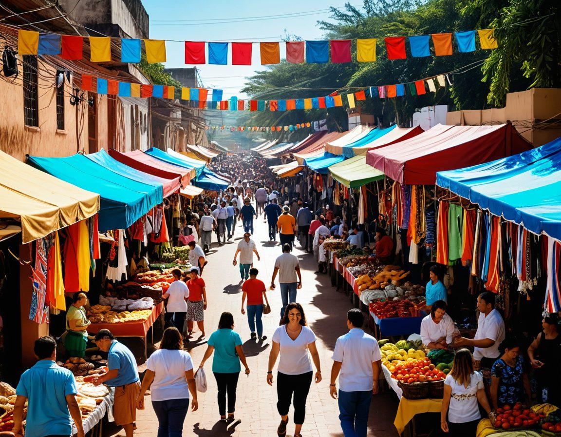 A vibrant street market in Paraguay bustling with shoppers, showcasing colorful stalls filled with local goods and discounts. Include smiling shoppers comparing prices and grabbing bargains, with banners promoting sales. Capture the essence of community and holiday spirit, along with traditional Paraguayan items being sold. Bright colors and a lively atmosphere. super-realistic. vibrant colors. white background.