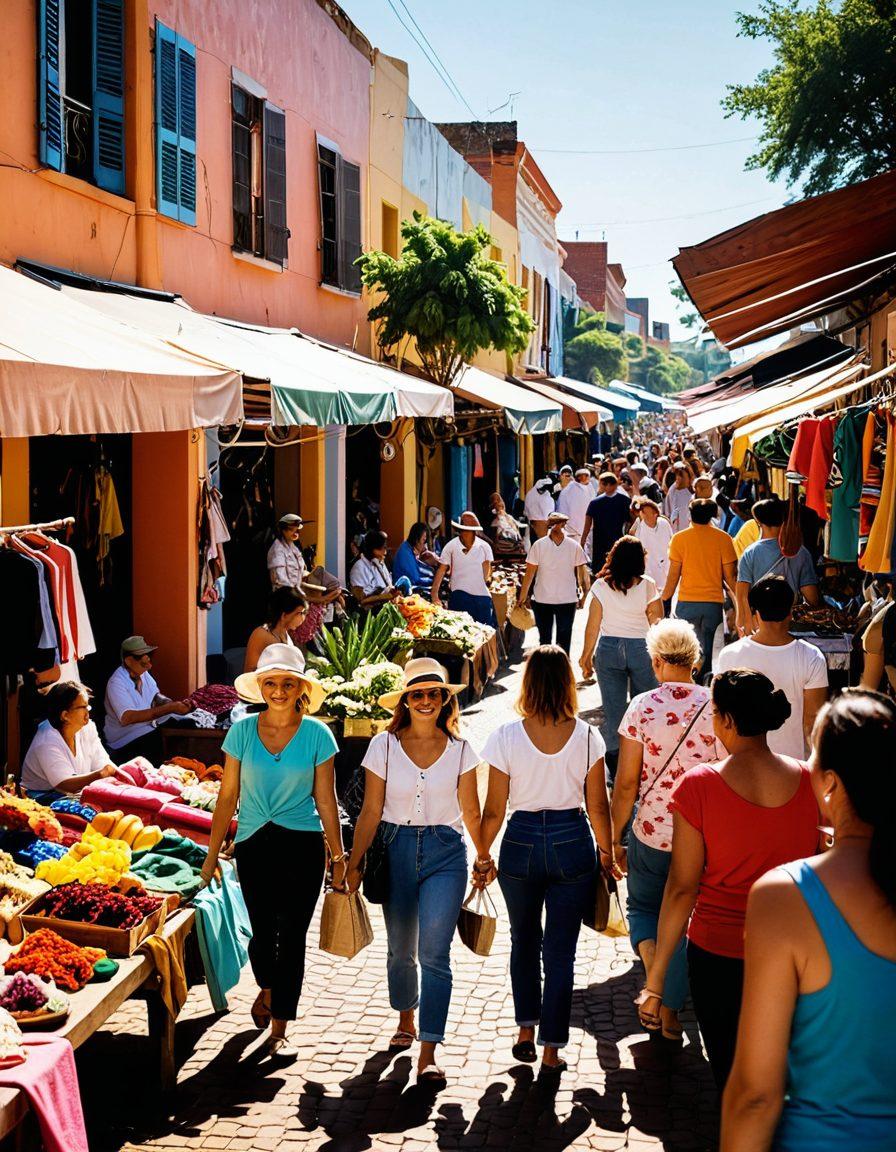 A vibrant market scene in Paraguay filled with colorful thrift shops and unique vintage clothing, bustling with cheerful shoppers exploring rows of eclectic fashion items. Include elements like traditional Paraguayan crafts and local street food stalls to enhance the atmosphere. The sun shines brightly overhead, casting warm light on the shoppers' joyful faces. Capture the essence of retail therapy with a playful and inviting atmosphere. vibrant colors. super-realistic.