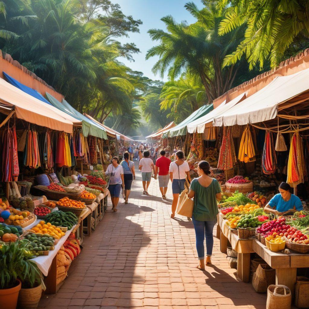 A vibrant marketplace scene in Paraguay filled with cheerful shoppers exploring colorful stalls overflowing with artisanal crafts, fresh fruits, and lively textiles, set against a backdrop of lush greenery and sunny skies. Include elements like smiling shopkeepers and shoppers with shopping bags, showcasing the joy of shopping. super-realistic. vibrant colors. warm light.